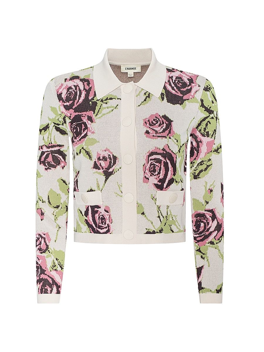 Women's Osiris Jacquard Collared Cardigan - Ecru Romantic Rose - Size Medium