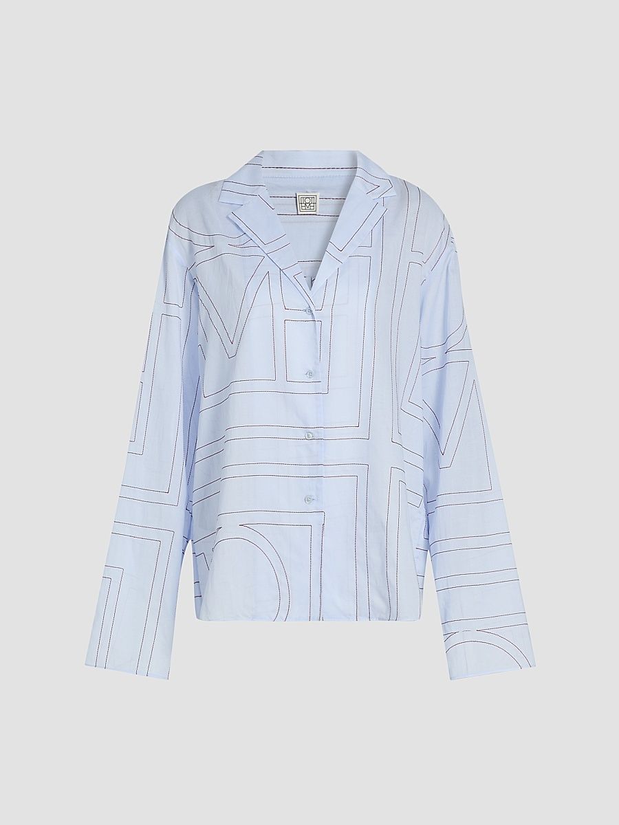 Women's Monogram Cotton-Blend Pajama-Style Top - Sky - Size 00
