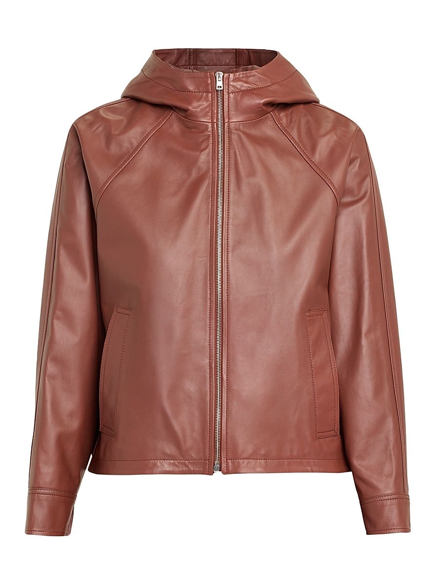 Women's Hooded Leather Zip Jacket - Sumac - Size 8