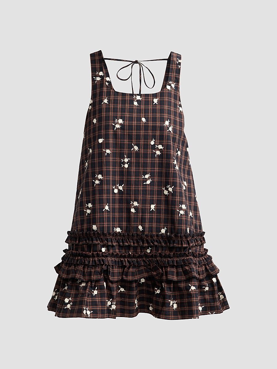 Women's Floral Check Ruffle Mini Dress - Cappuccino - Size 0