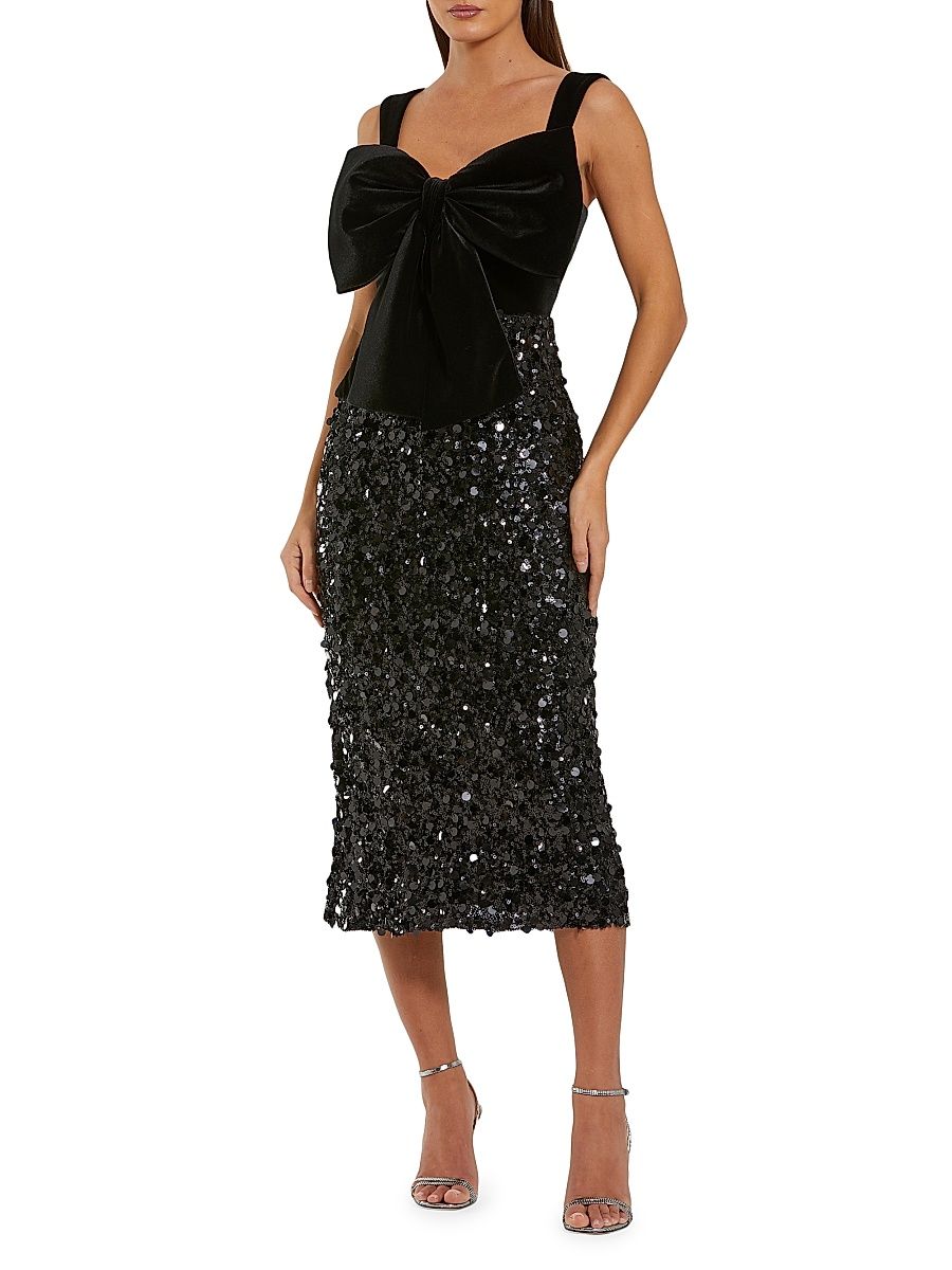 Women's Velvet Bow Sequined Midi-Dress - Black - Size 14