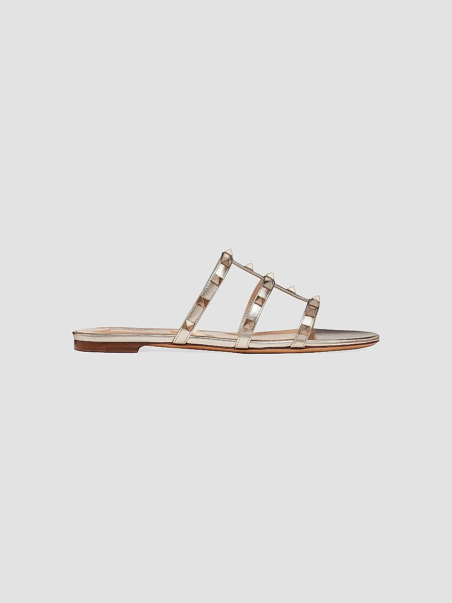 Valentino Women's Rockstud Flat Metallic Nappa Slide Sandals - Skin - Size 11.5