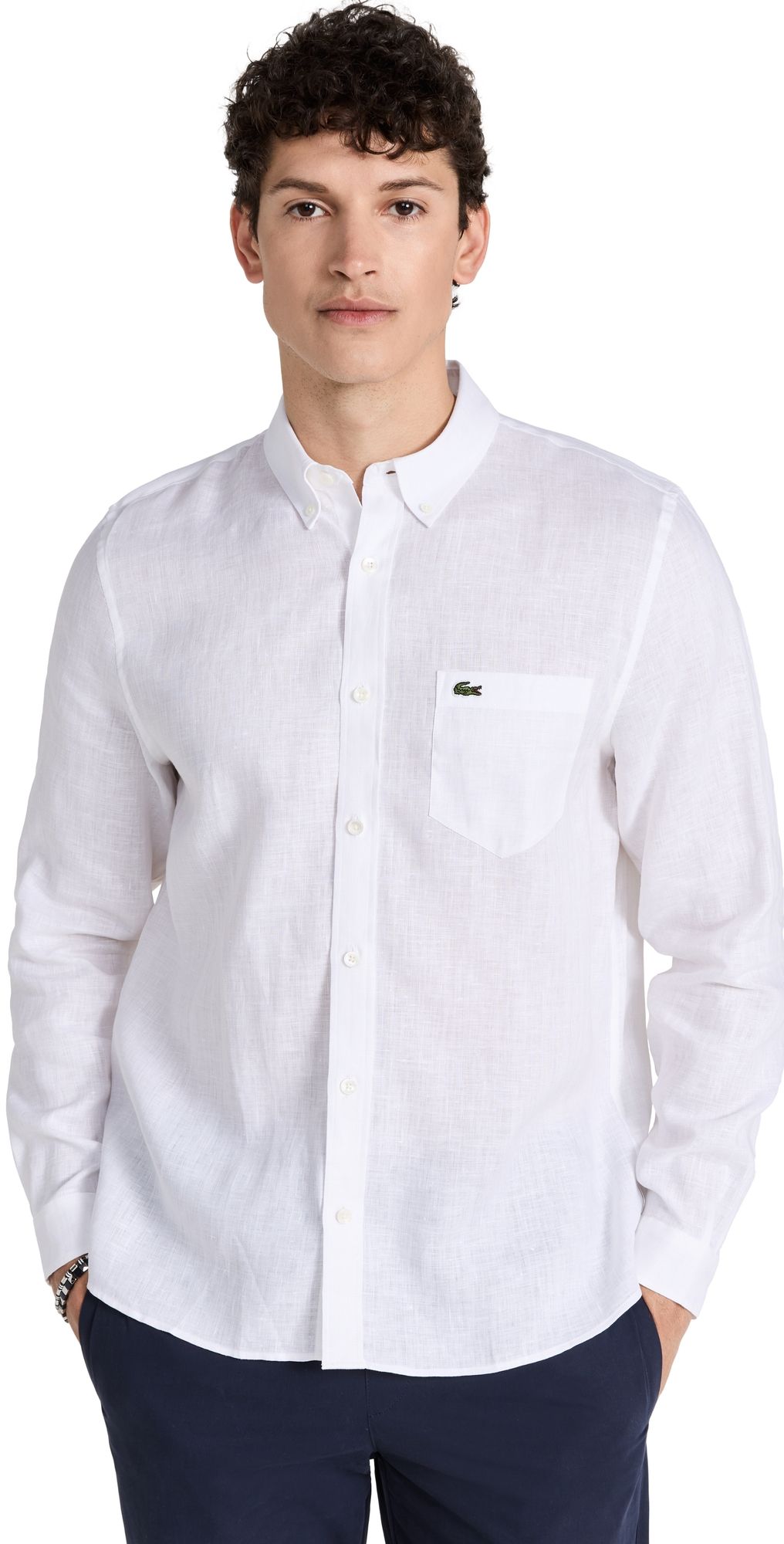 Lacoste Regular Fit Linen Casual Button Down Shirt White L