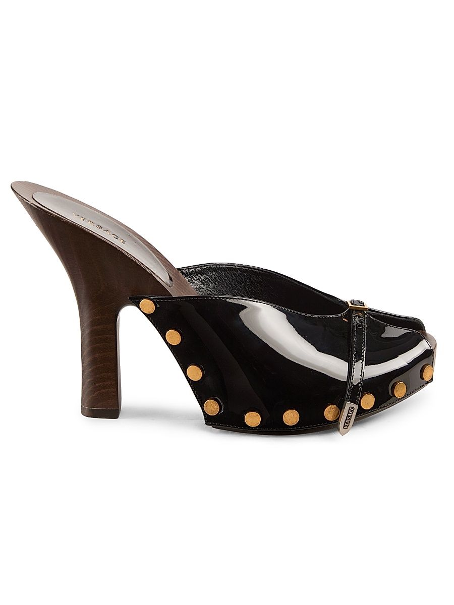 Women's 105MM Studded Leather Clogs - Black Gold Palladium - Size 10