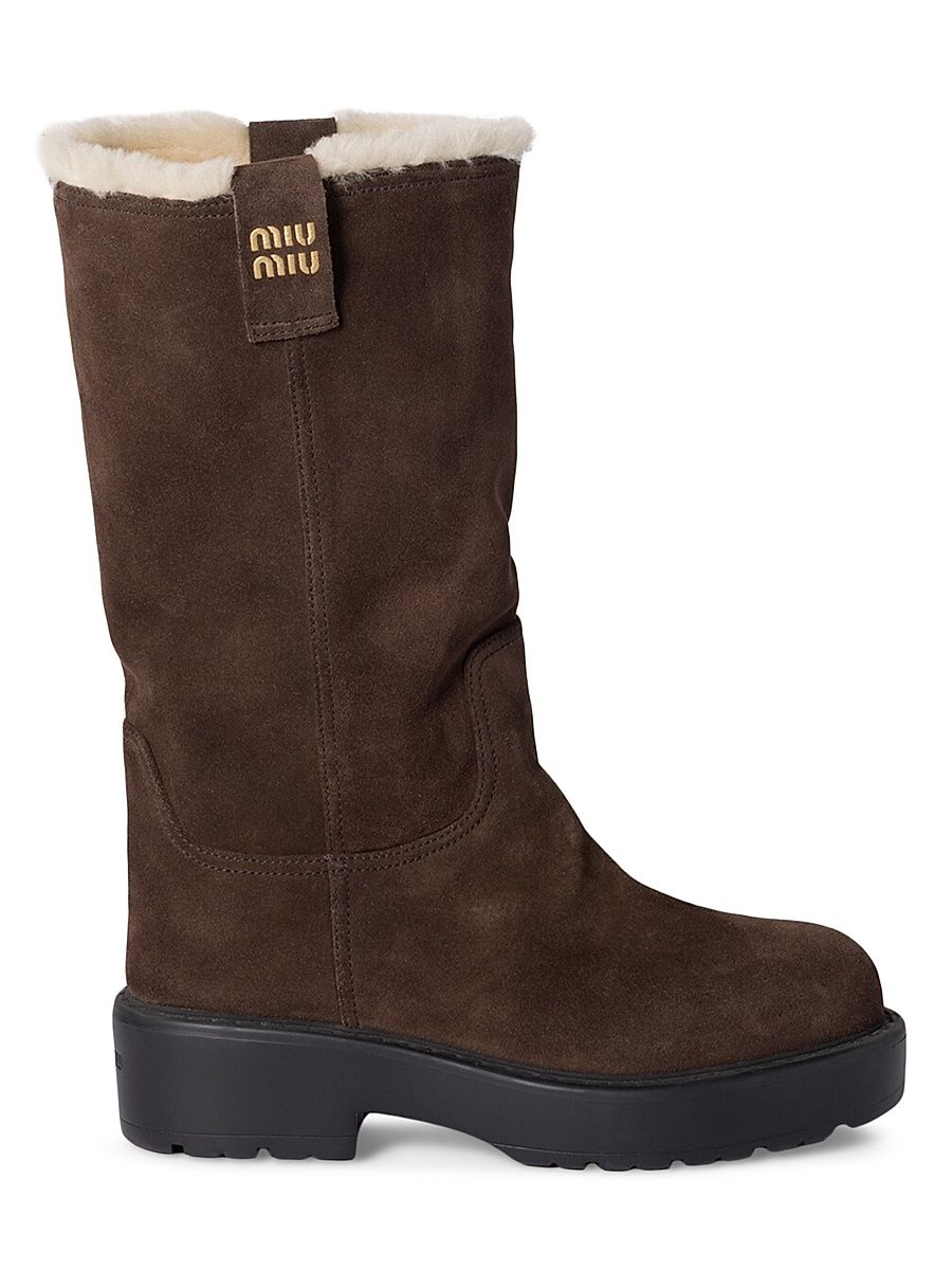 Women's Suede and Shearling Mid-Calf Boots - Brown - Size 5