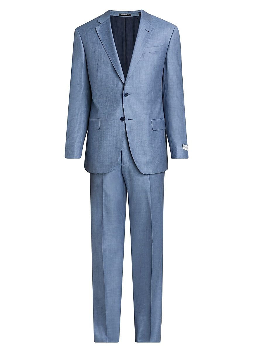 Men's Shark Skin Wool Single-Breasted Suit - Medium Blue - Size 42