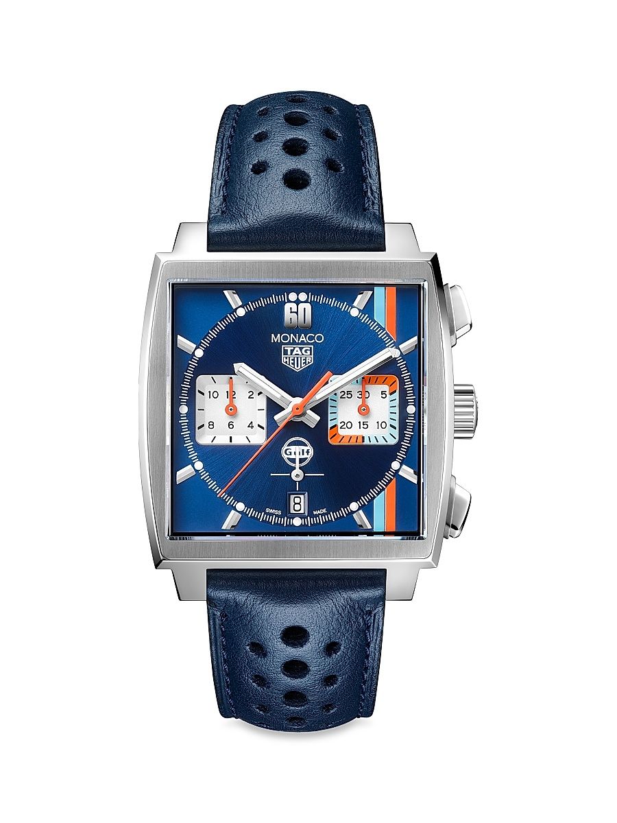 Men's Monaco Stainless Steel & Leather Strap Watch