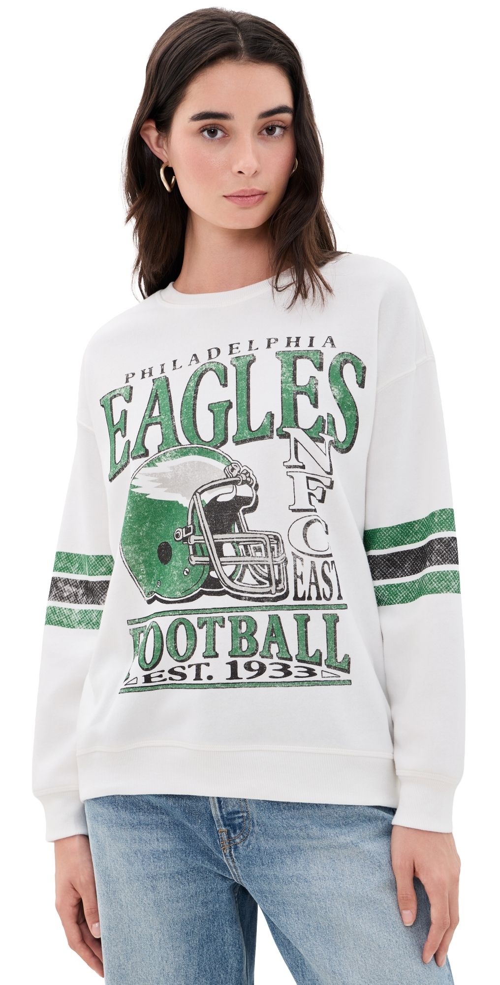 Junk Food Eagles Oversized Striped Fleece Sweatshirt Vintage/Kelly XS