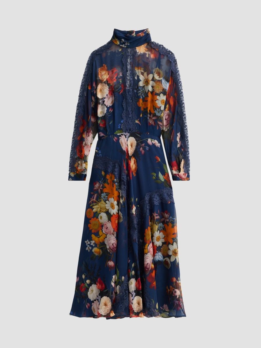 Teri Jon by Rickie Freeman Women's Lace-Trim Floral Silk Midi Dress - Sapphire Multi - Size 2