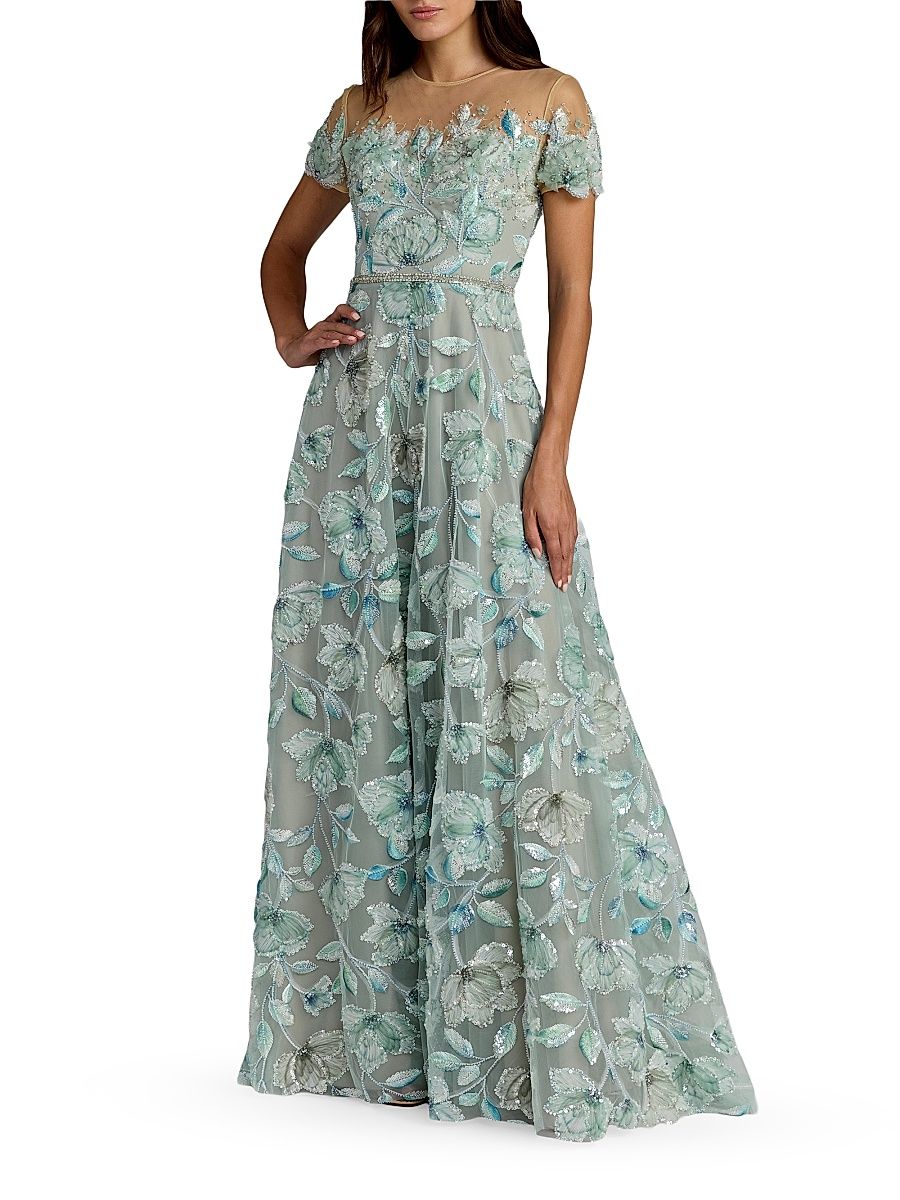 Women's Floral Beaded Embroidered Gown - Sage - Size 4