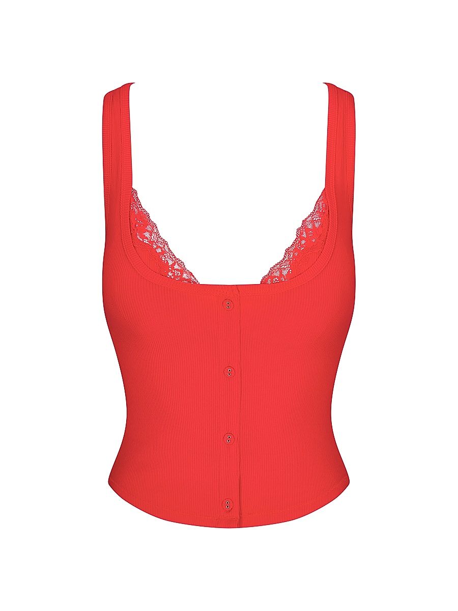 Women's Soft Lounge Lace Tank With Bralette - Cherry - Size Medium