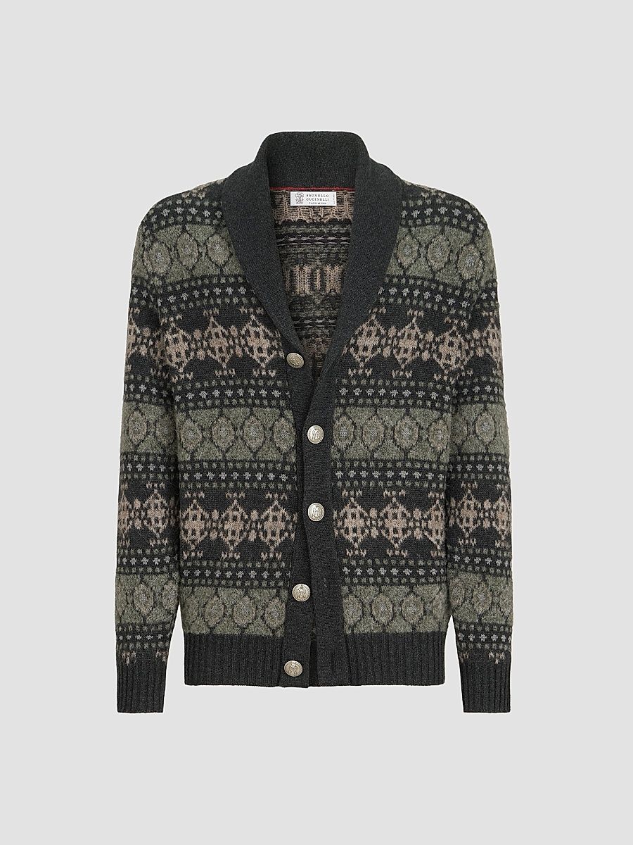 Men's Cashmere Jacquard Cardigan - Dark Grey - Size 38
