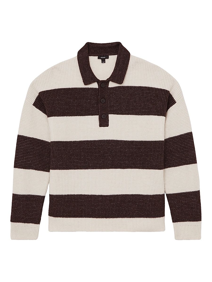 Men's Horice Striped Knit Polo Sweater - Choclate Brown Off White - Size Large