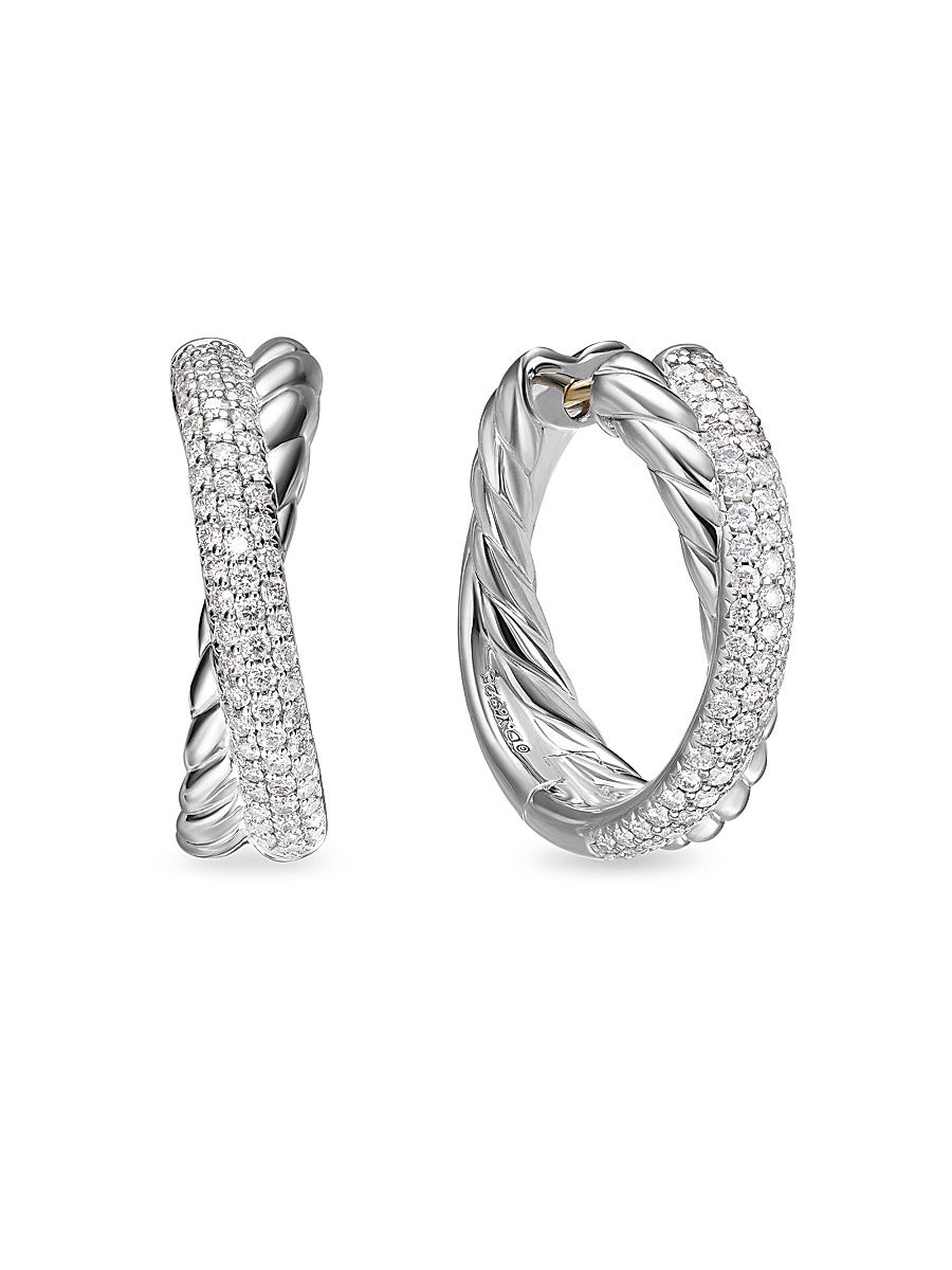 Women's Crossover Hoop Earrings in Sterling Silver with Diamonds, 22.4MM - Diamond