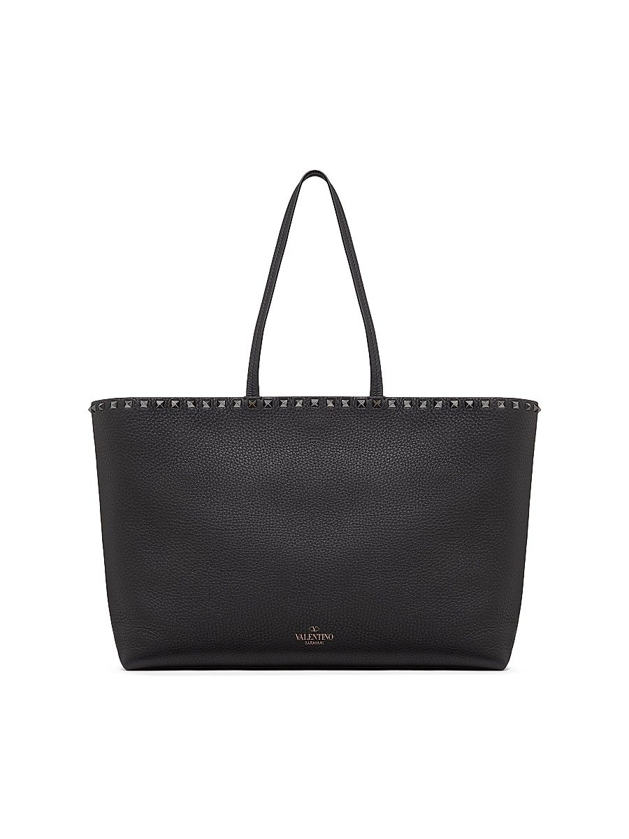 Women's Rockstud Grainy Calfskin Tote Bag - Black