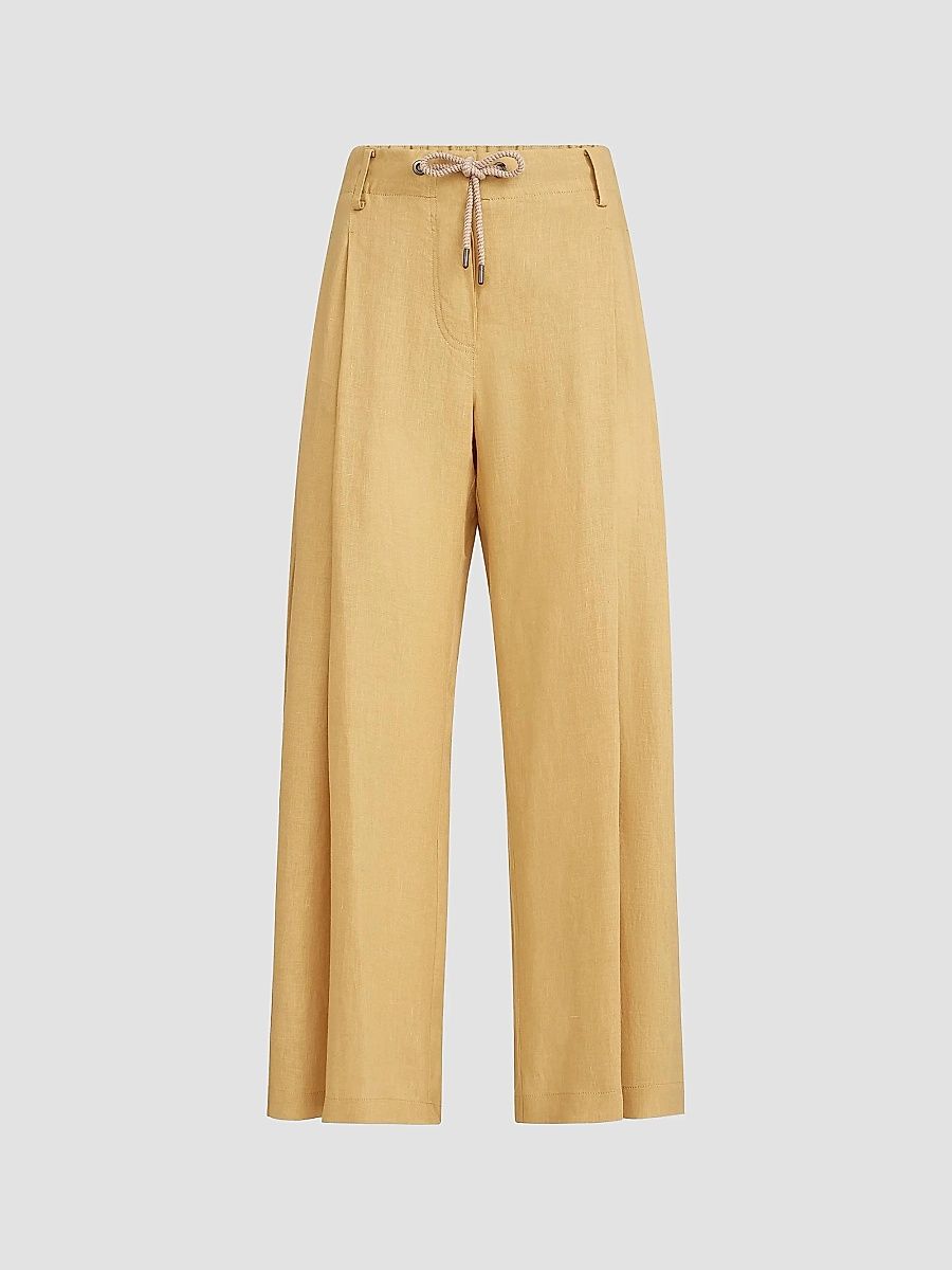 Brunello Cucinelli Women's Linen Trousers with Drawstring and Monili - Yellow - Size XXXL