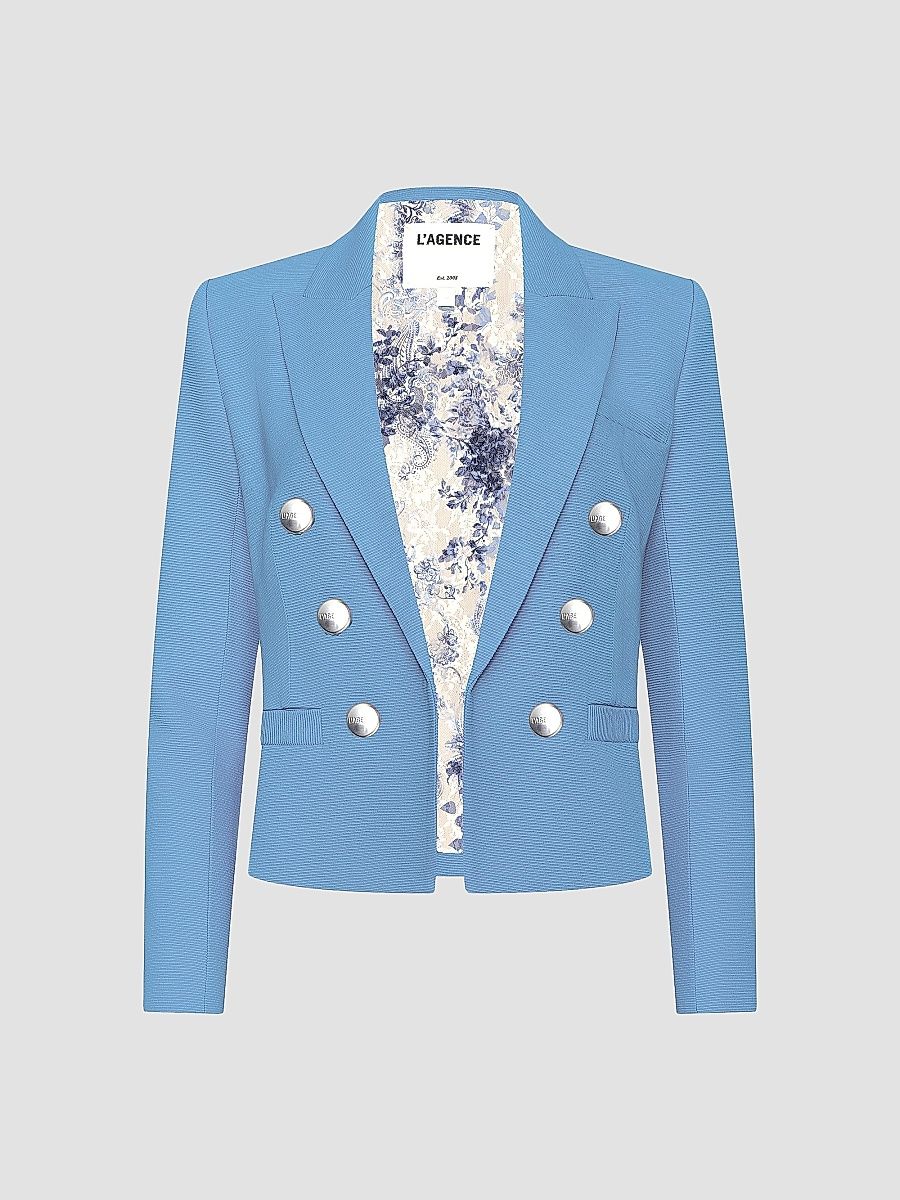 L'AGENCE Women's Brooke Double-Breasted Blazer - Allure Blue Watercolor Lace - Size 12