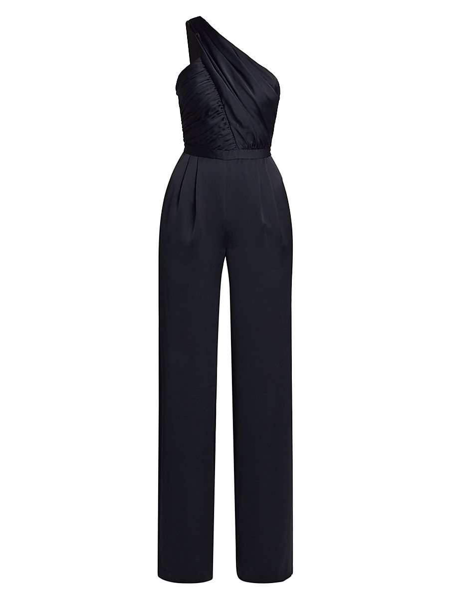 Women's Myra Asymmetric Pleated Satin Jumpsuit - Black - Size 14