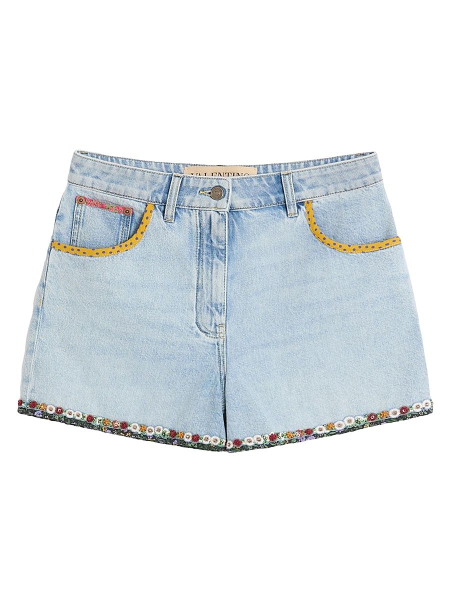 Women's Embroidered Denim Shorts - Light Denim - Size 28