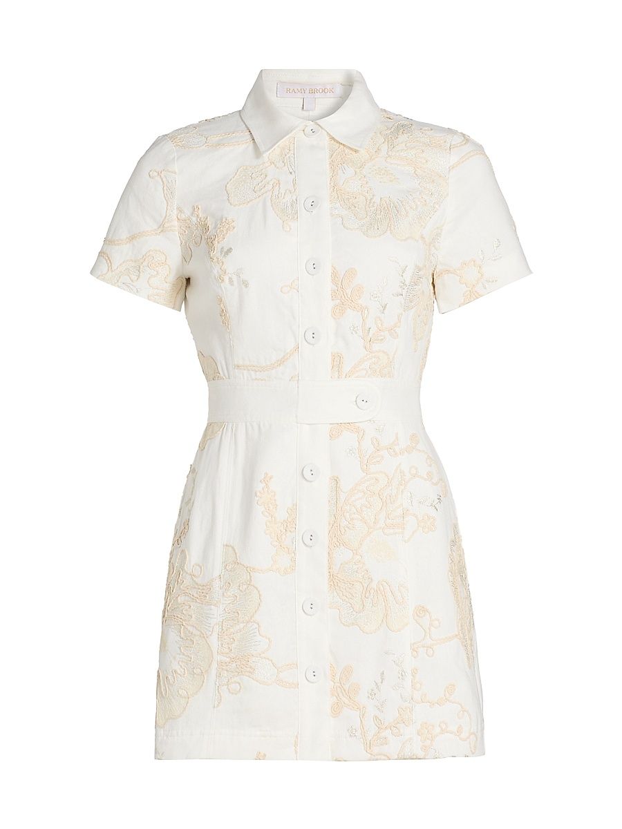 Women's Shannon Embroidered Linen-Blend Mini-Shirtdress - White Embroidery - Size 16