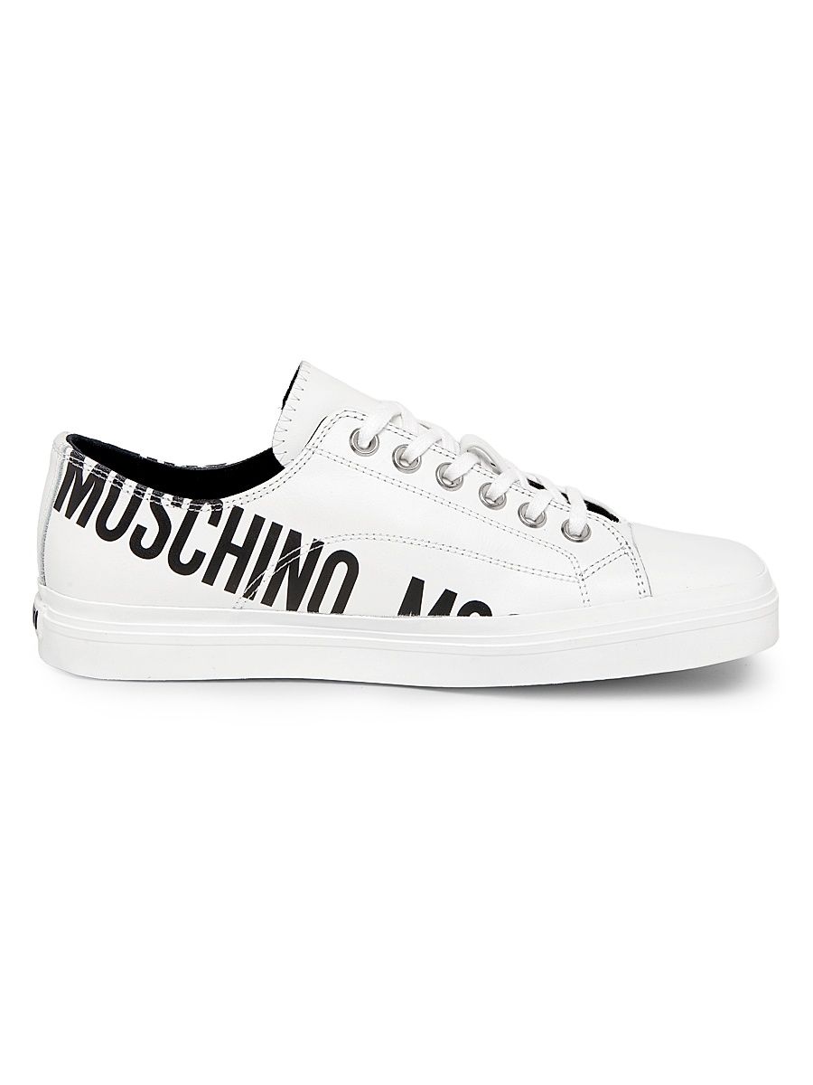 Men's Logo Leather Low-Top Sneakers - White Black - Size 13