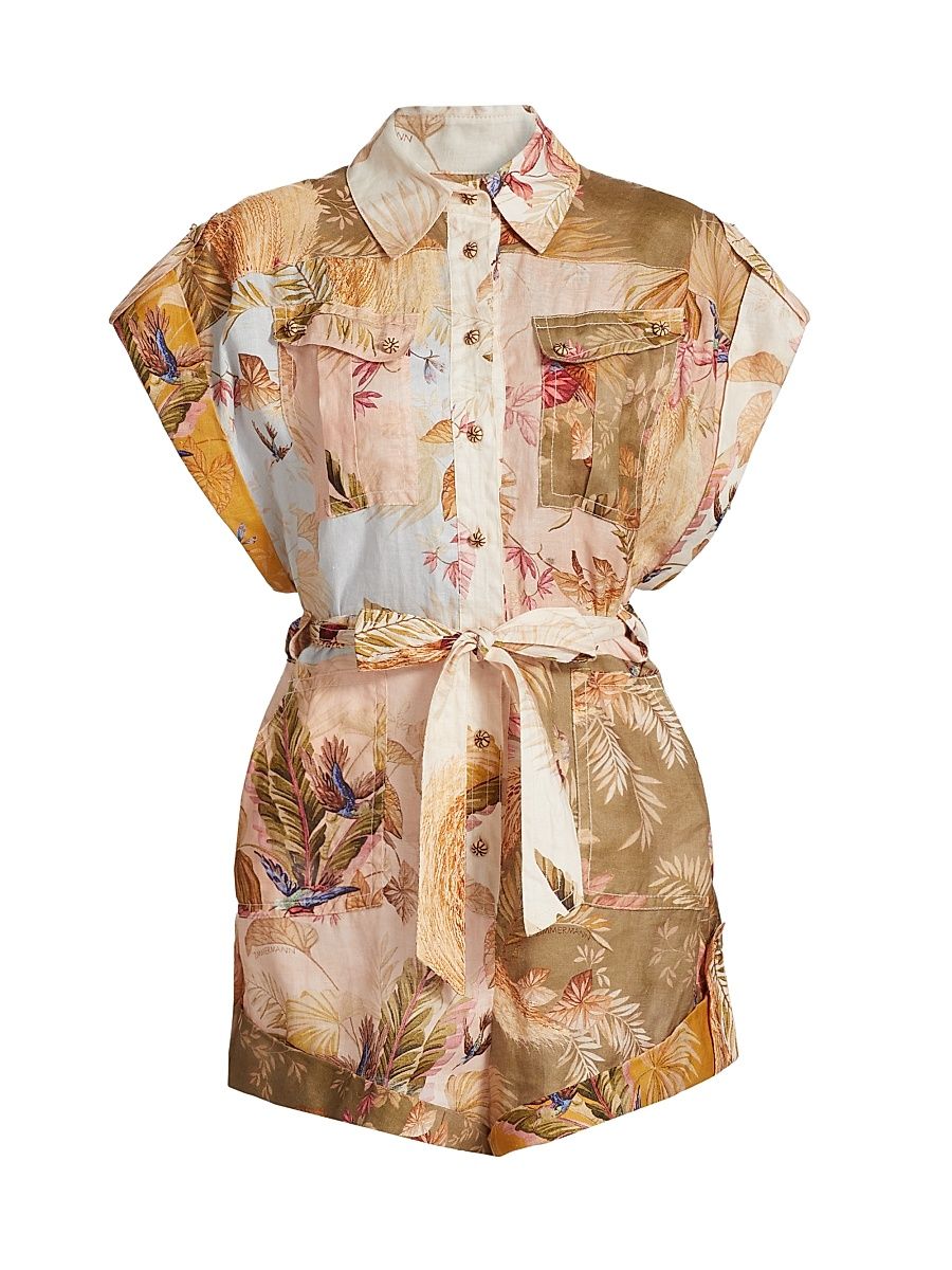 Women's Ascension Leaf Print Linen Playsuit - Spliced - Size 8