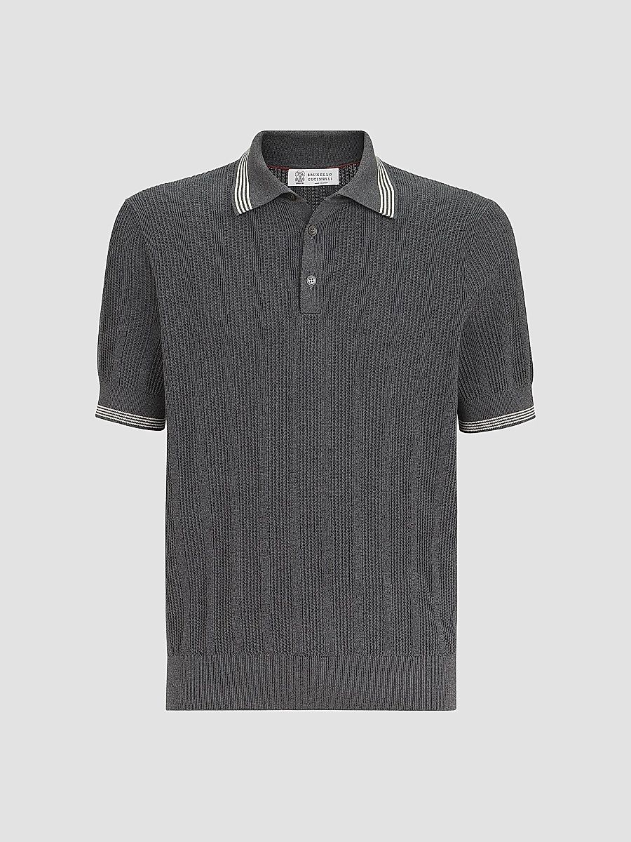 Brunello Cucinelli Men's Cotton Textured Rib Knit Polo Shirt - Anthracite - Size 50