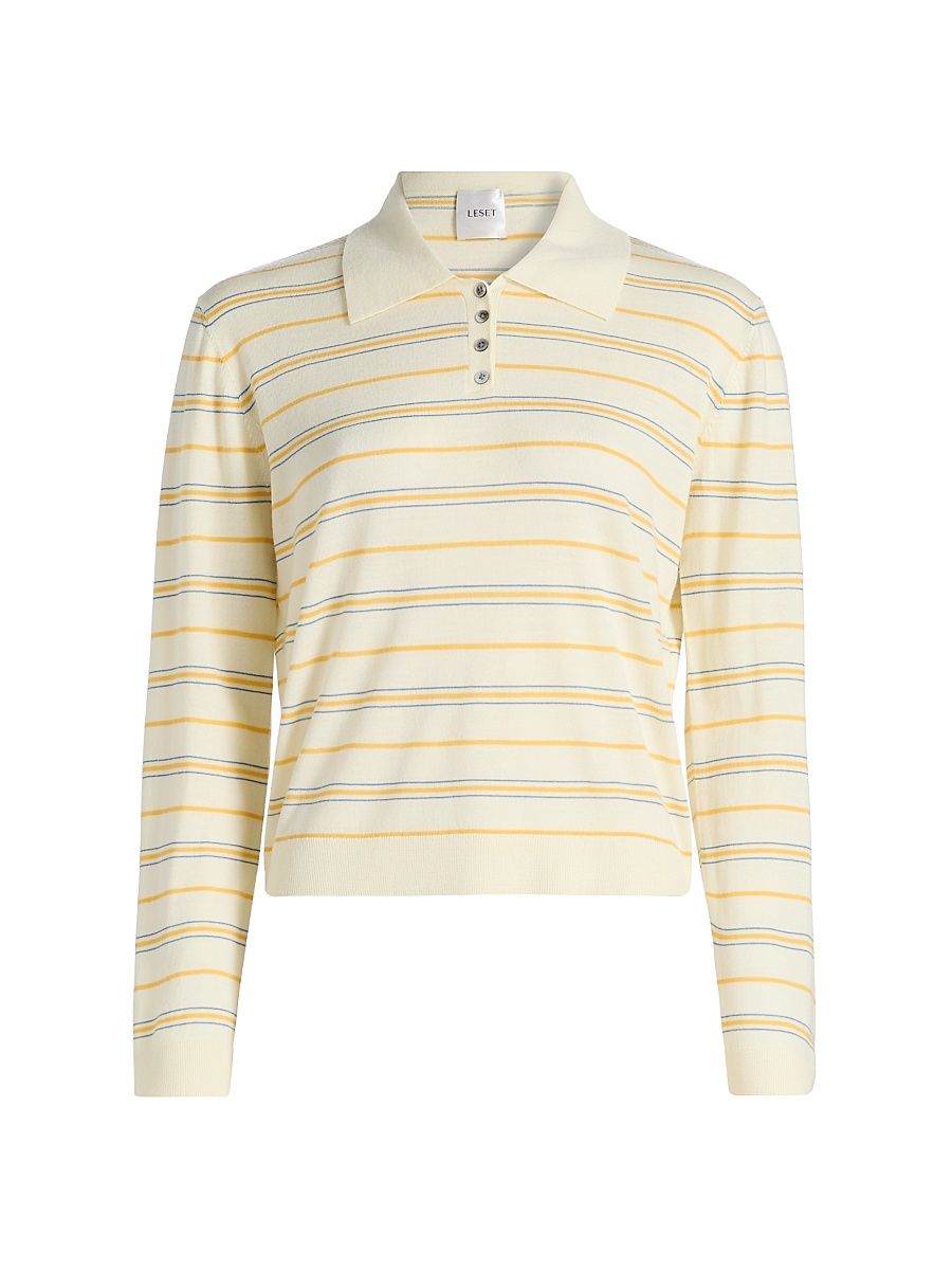 Women's James Striped Merino Wool Polo Sweater - Soleil Stripe - Size XL