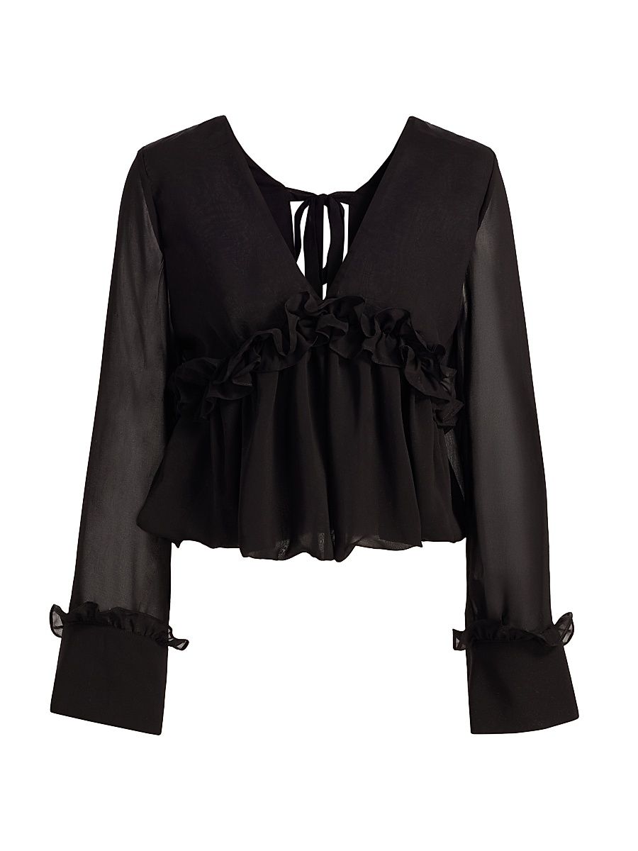 Women's Cynthi Ruffled-Trim Semi-Sheer Blouse - Black - Size 12