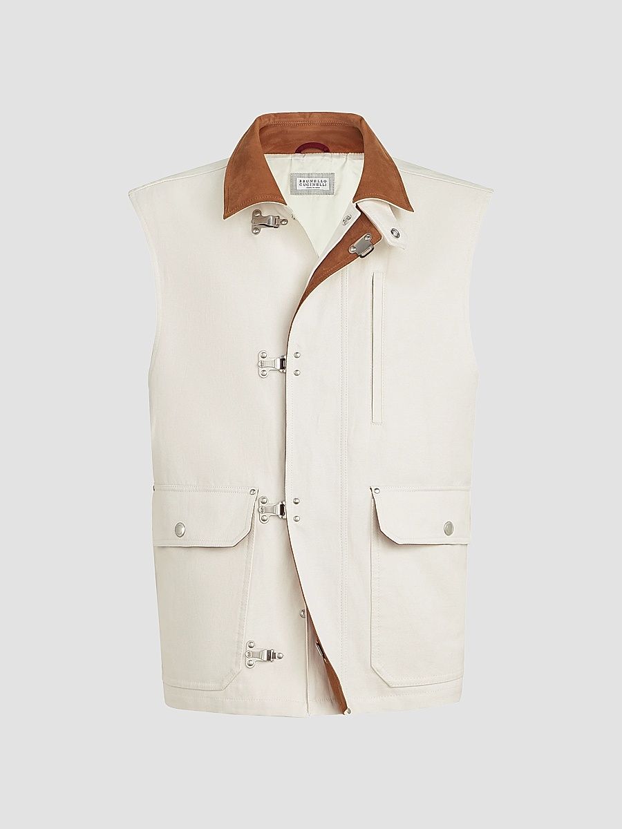 Men's Cotton and Linen Canvas Vest with Suede Inserts - White - Size 48