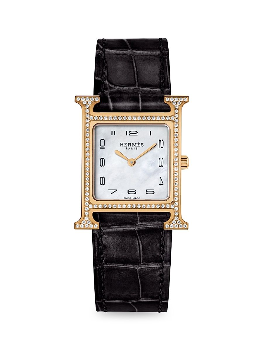 Women's Heure H 30MM 18K Rose Gold, Diamond & Alligator Strap Watch - Black