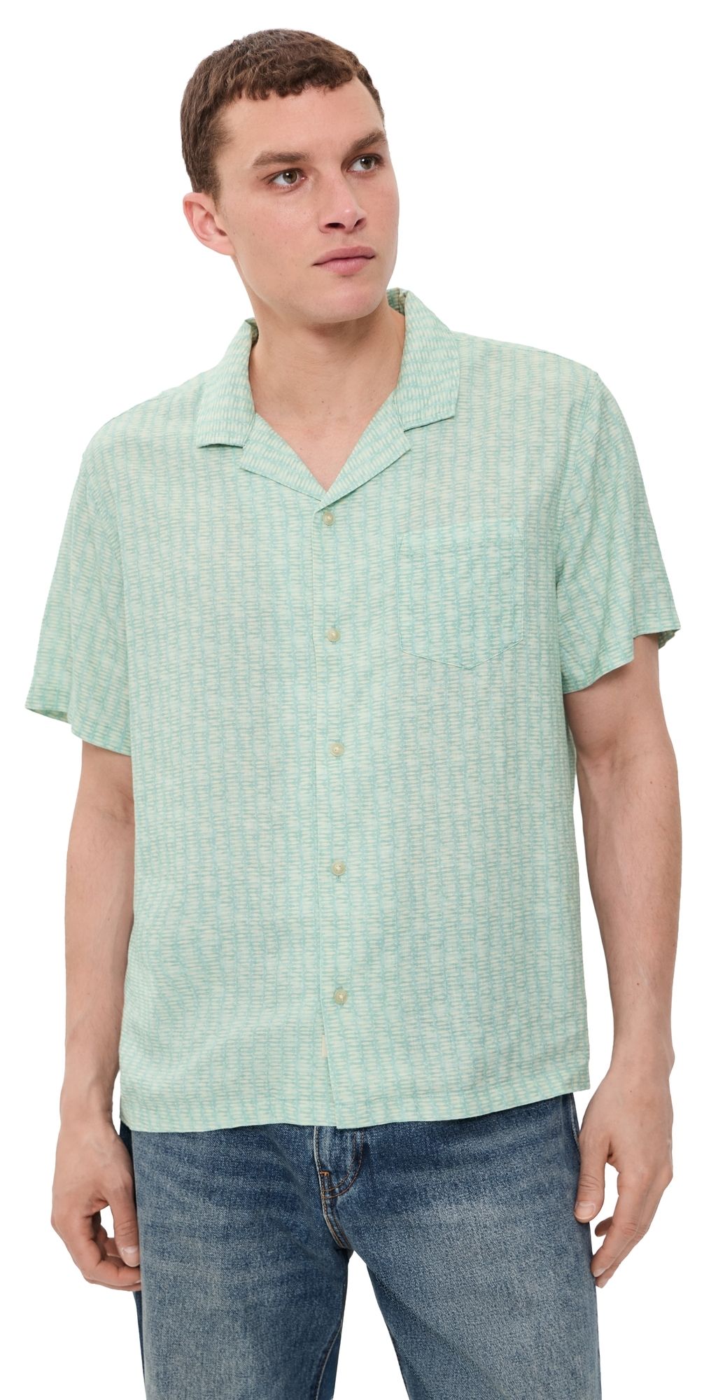 Marine Layer Tencel Linen Resort Shirt Aqua Sardine Print S