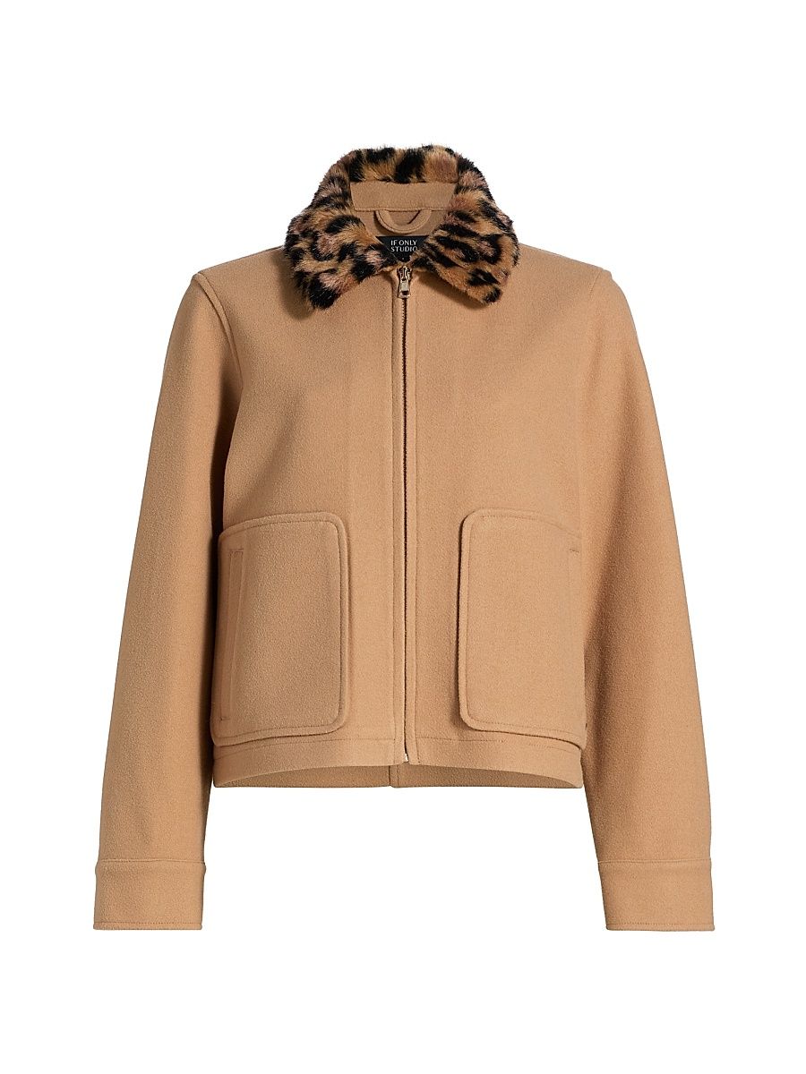 Women's Leopard-Print Collar Faux-Wool Jacket - Camel - Size Large