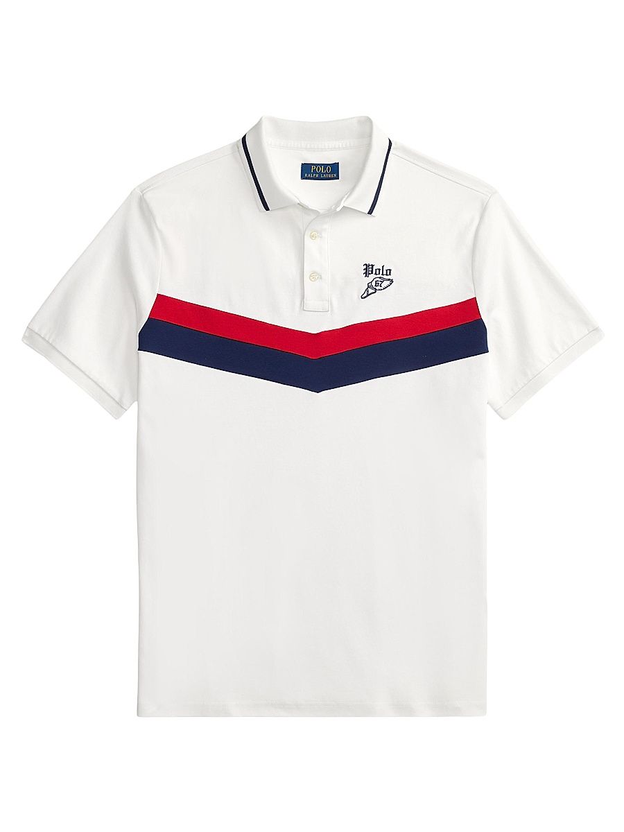 Men's Logo Striped Cotton Polo Shirt - White - Size Large