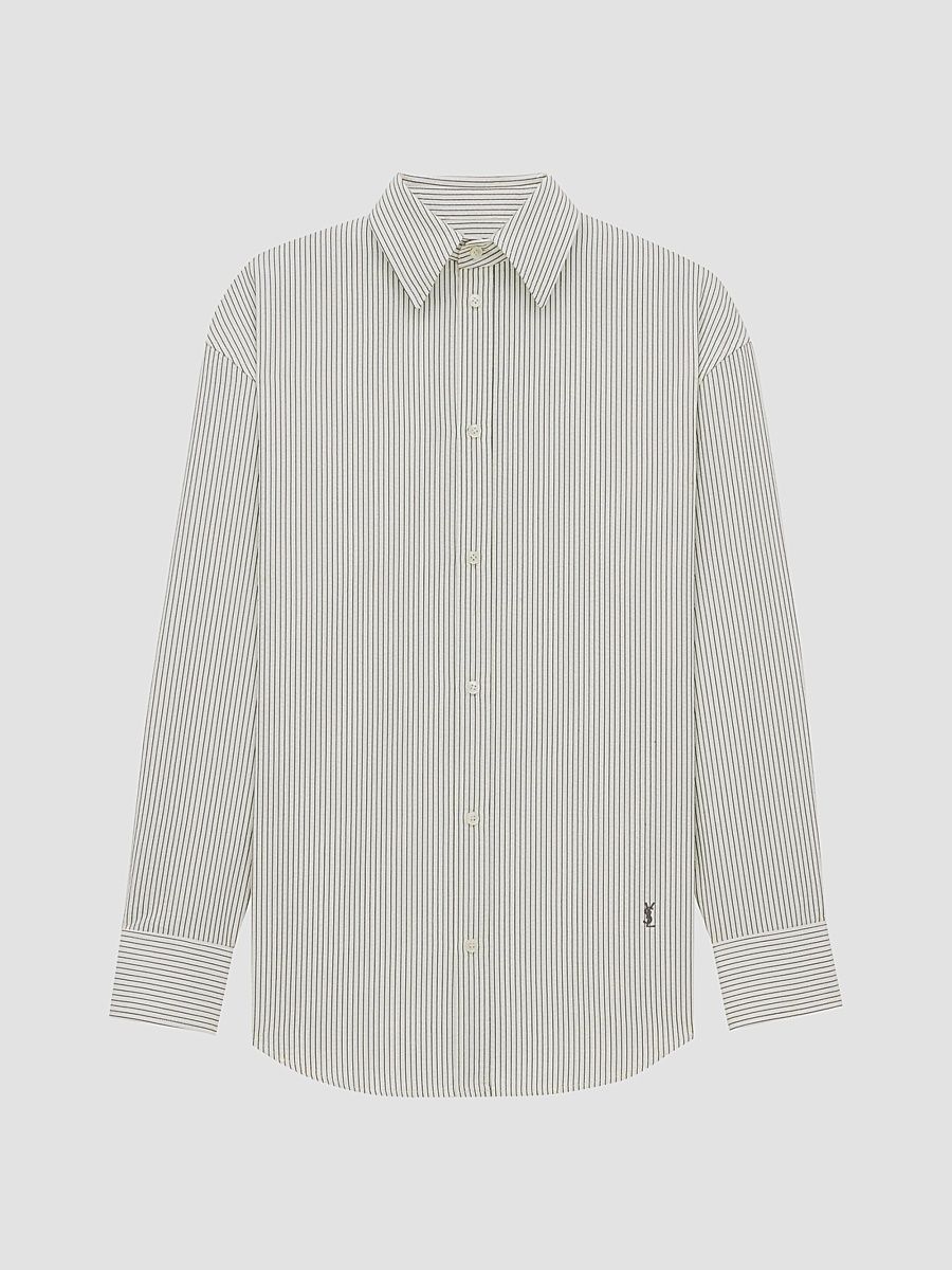 Saint Laurent Women's Cassandre Shirt in Striped Cotton Poplin - Craie Noir - Size 10