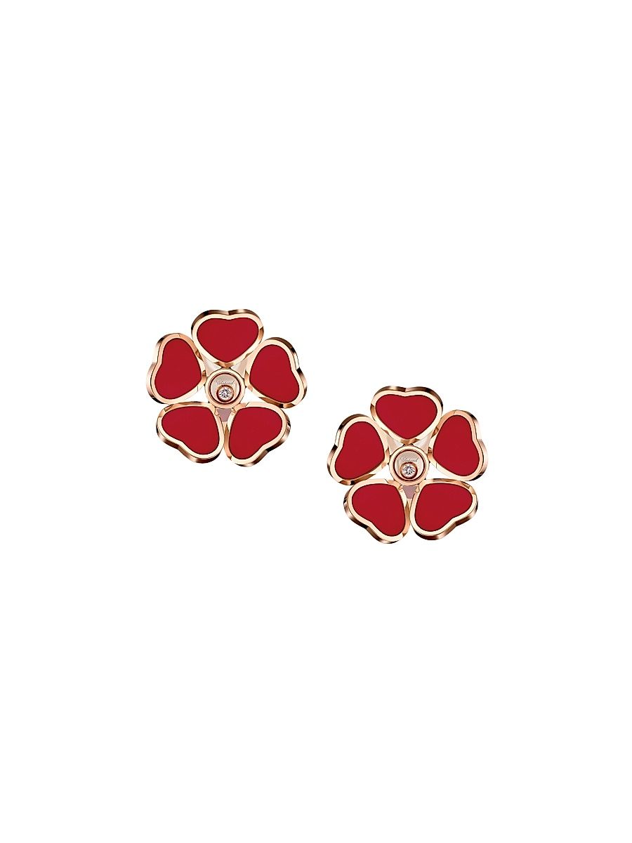 Women's Happy Diamonds Happy Hearts Flowers 18K Rose Gold, Diamond & Red Stone Earrings - Red