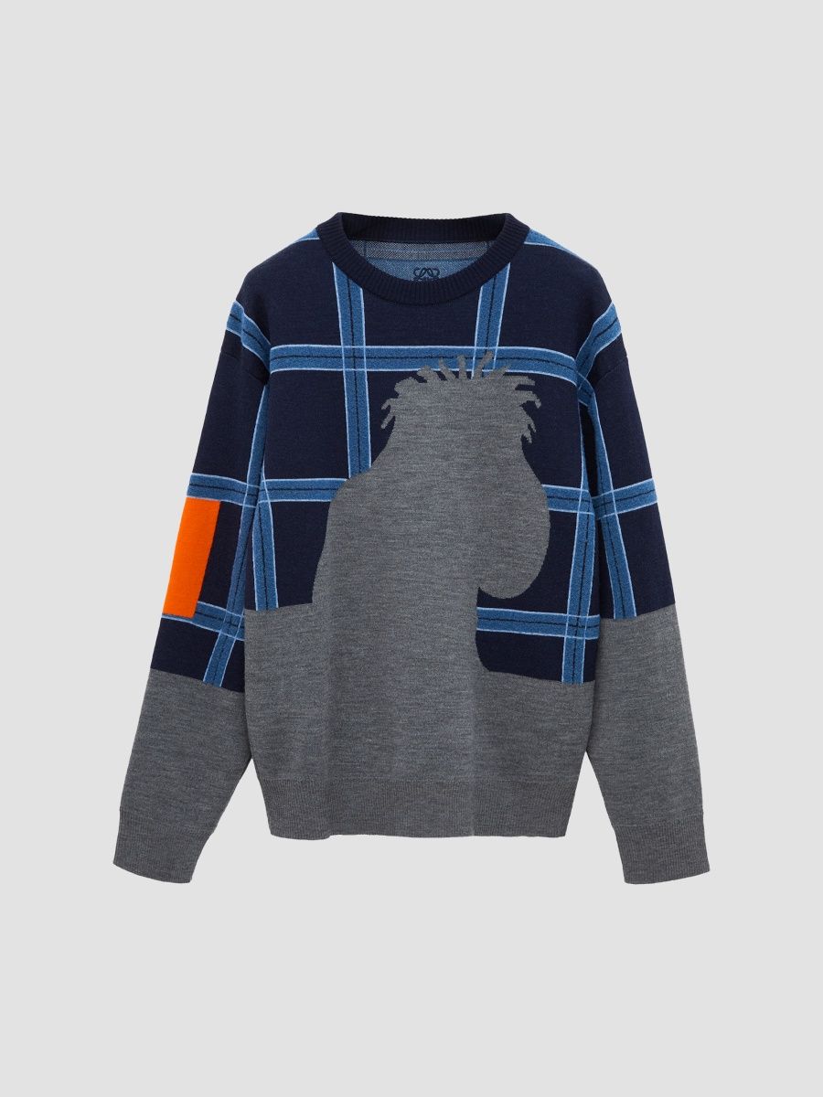 LOEWE Men's Plaid Colorblock Crewneck Sweater - Grey Multicolour - Size XL