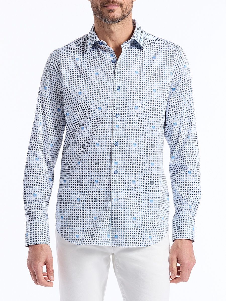 Men's Brentwood Geometric Stretch-Cotton Shirt - Light Blue - Size XXL