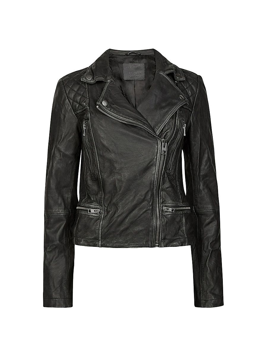 Women's Cargo Leather Biker Jacket - Black Grey - Size 2