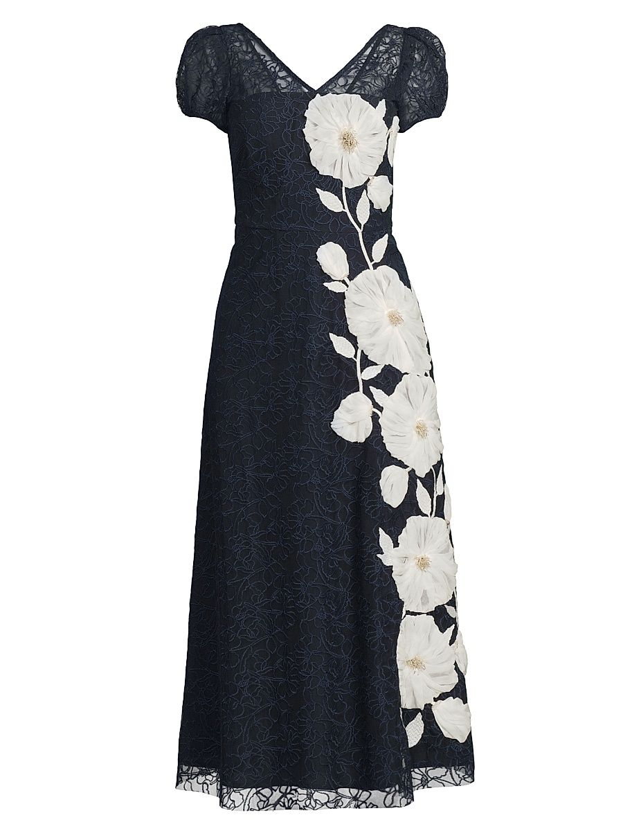 Women's Layla Floral Embroidered Tea-Length Dress - Deep Navy - Size 14