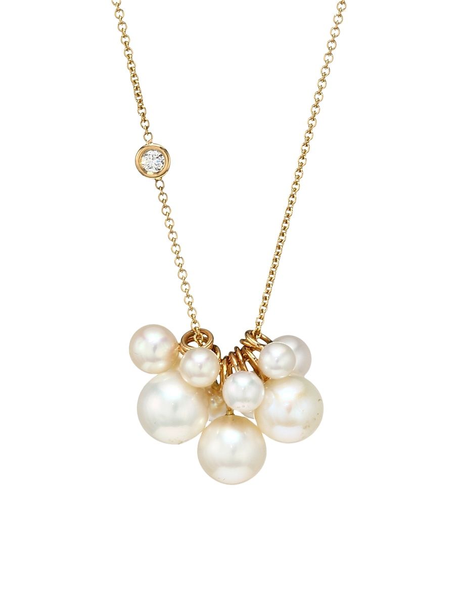 Women's 14K Yellow Gold, Diamond & 4-8MM Pearl Cluster Pendant Long Necklace - Gold