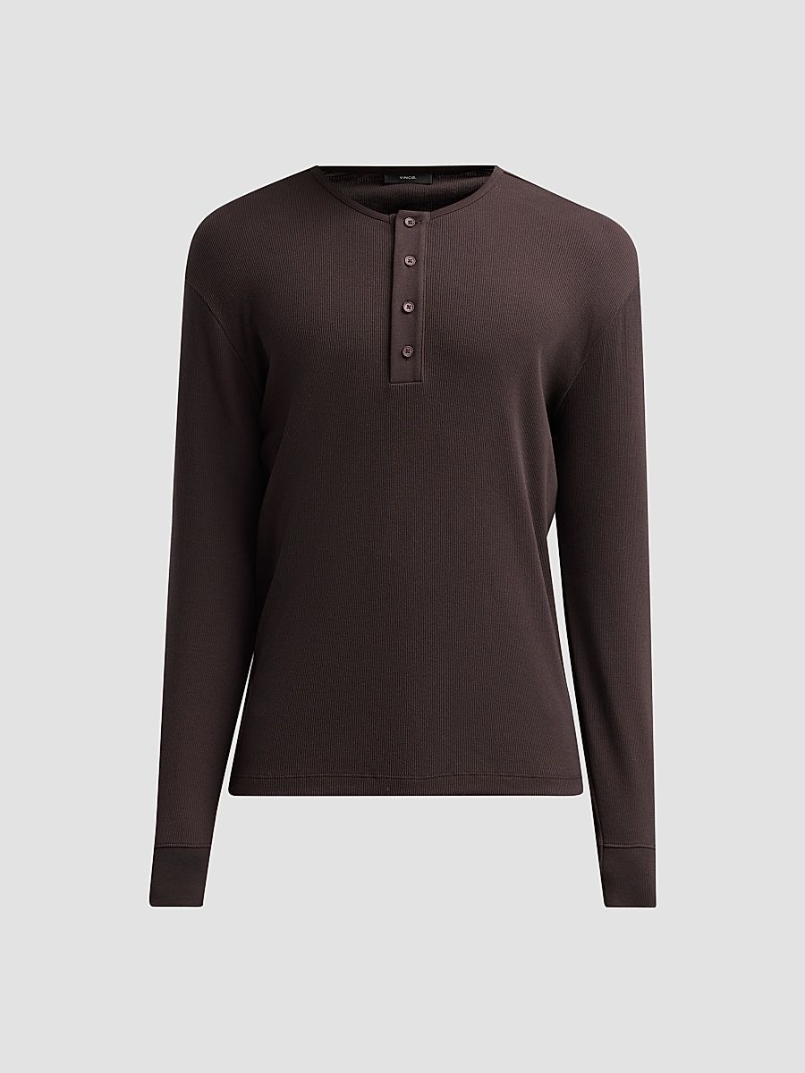 Vince Men's Cotton Rib-Knit Henley Shirt - Arabica - Size XXL