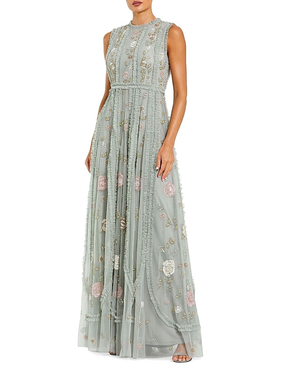 Women's Evening Embellished Ruffled Mesh A-Line Gown - Sage Multi - Size 16