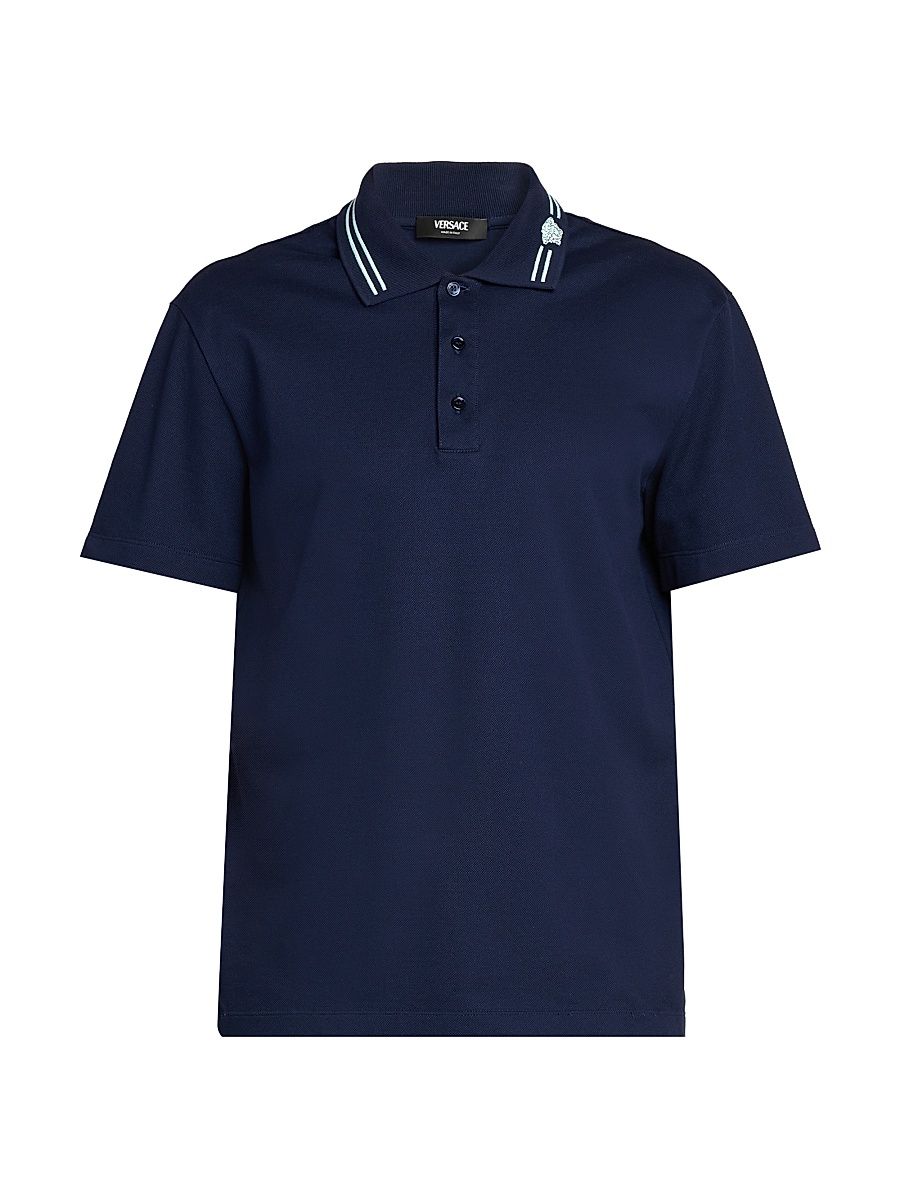 Versace Men's Medusa Embroidered Pique Polo Shirt - Navy Blue - Size Small