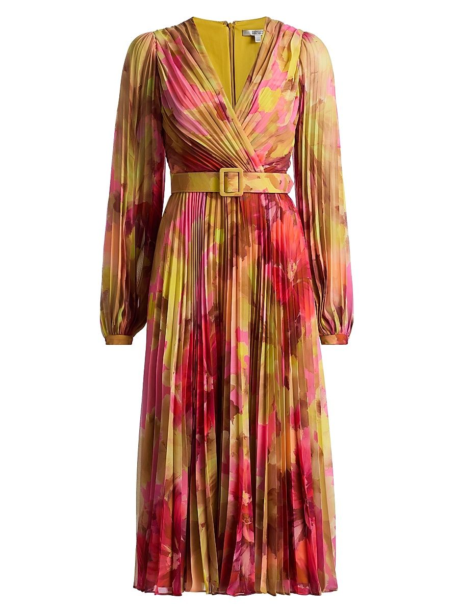 Women's Floral Pleated Belted Midi-Dress - Pink Multi - Size 8