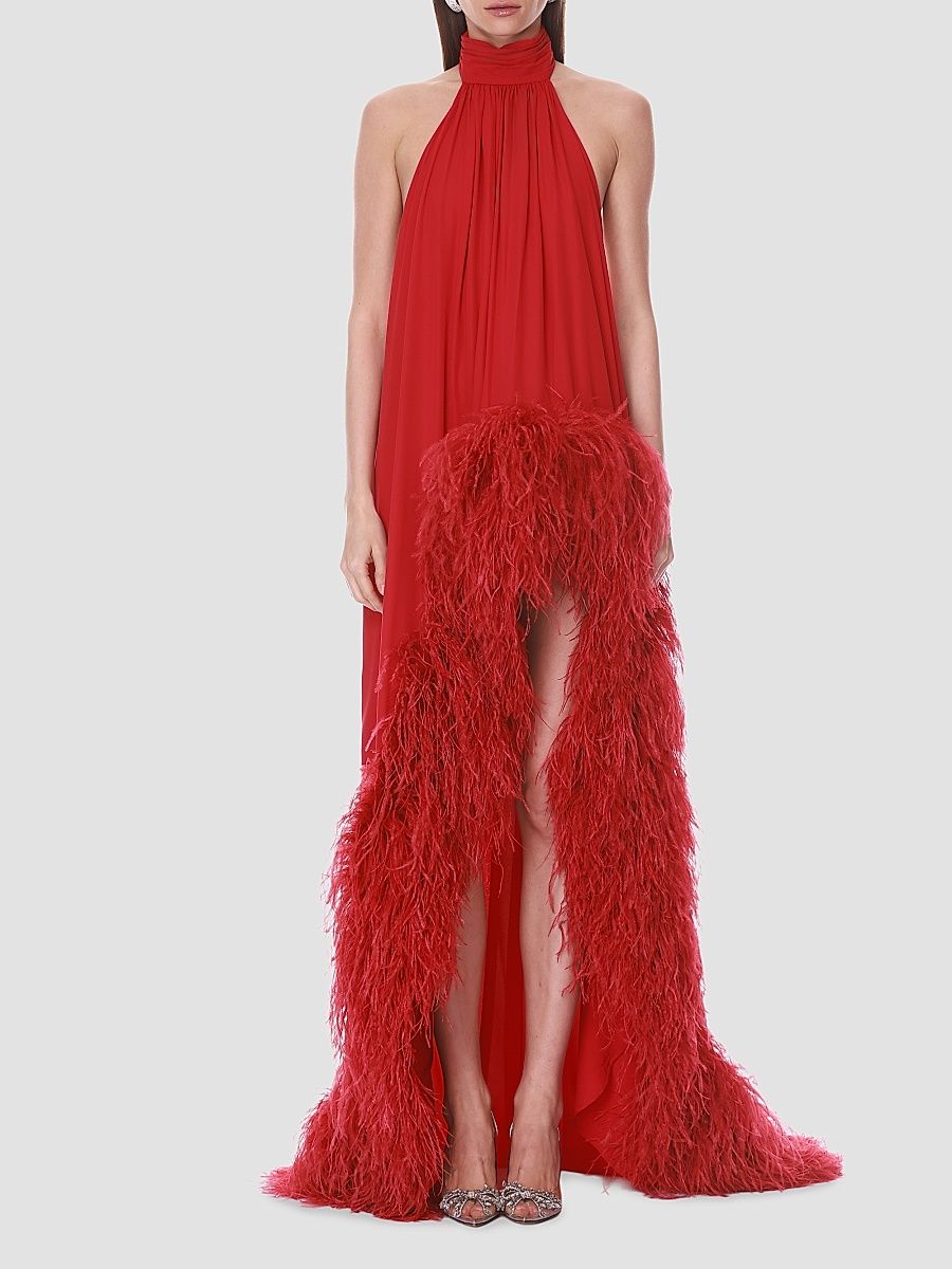 Bronx Banco Women's Halter Neck Feather-Hem Chiffon Gown - Flame - Size Small
