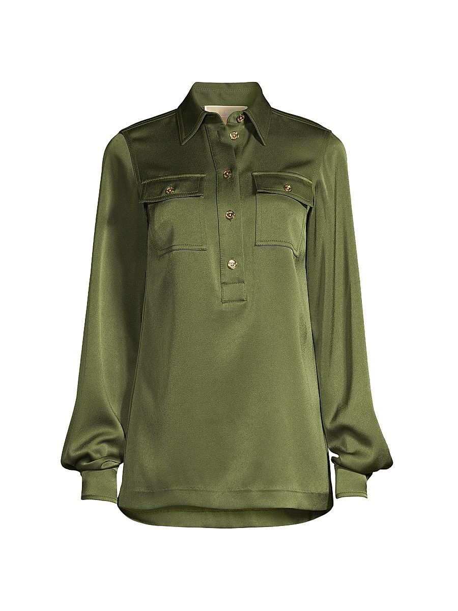 Women's Satin Half-Buttoned Tunic Top - Jade - Size Small