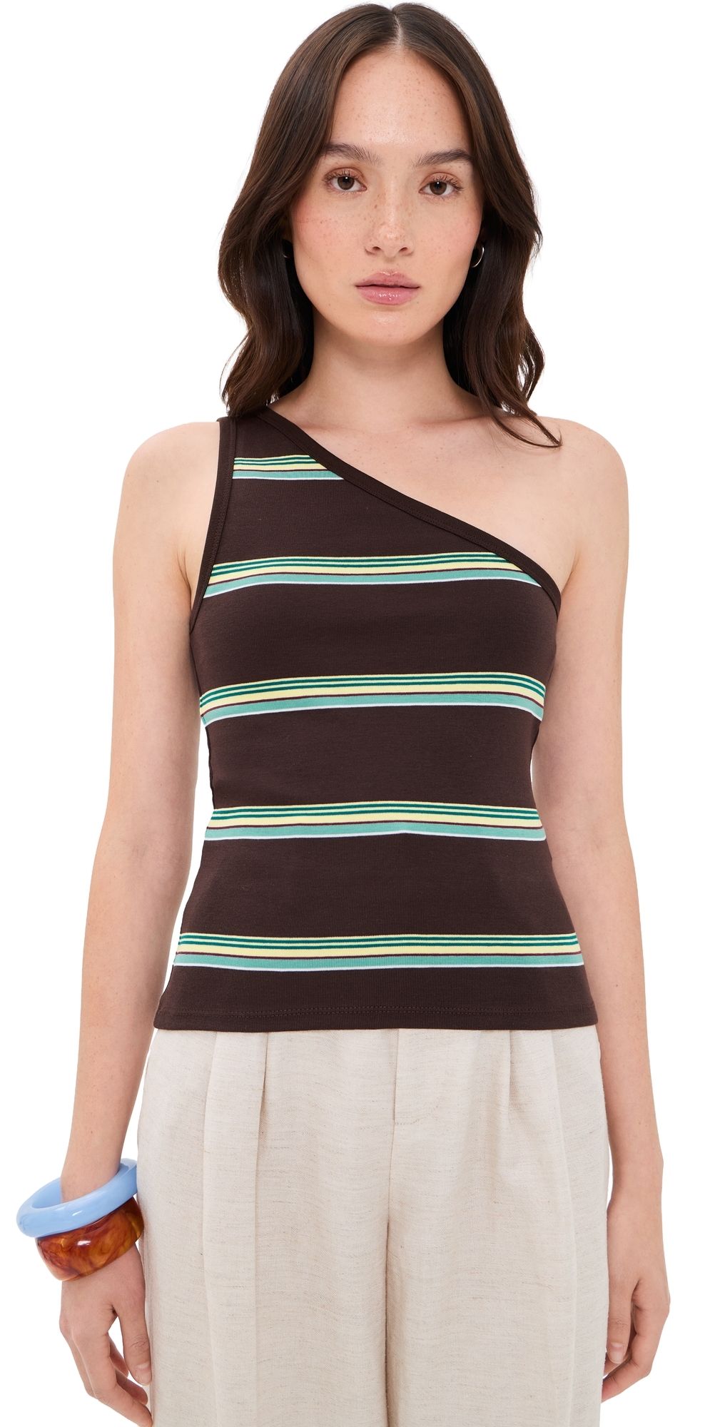 Madewell Madewell x Shopbop One Shoulder 90s Tank Top Retro Dark Brown Yellow Stripe XL