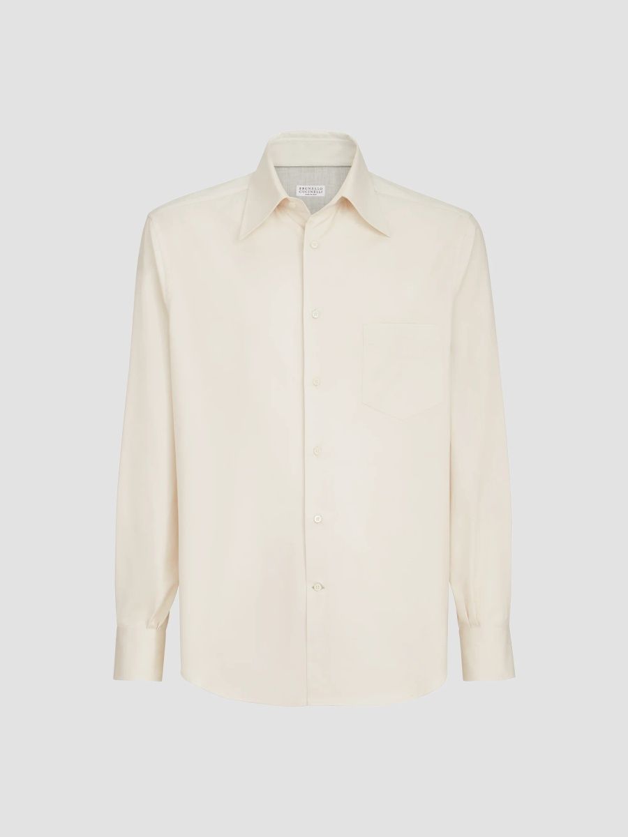 Brunello Cucinelli Men's Garment-Dyed Twill Shirt with Italian Collar and Chest Pocket - Panama - Size XXXL