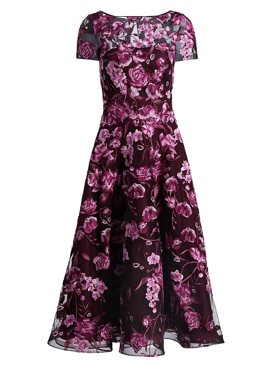 Women's Floral-Embroidered Tea-Length Dress - Pink Black - Size 2